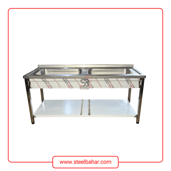 Double-basin industrial sink with shelves