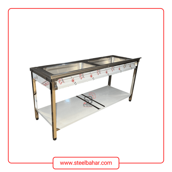 Double-basin industrial sink with shelves
